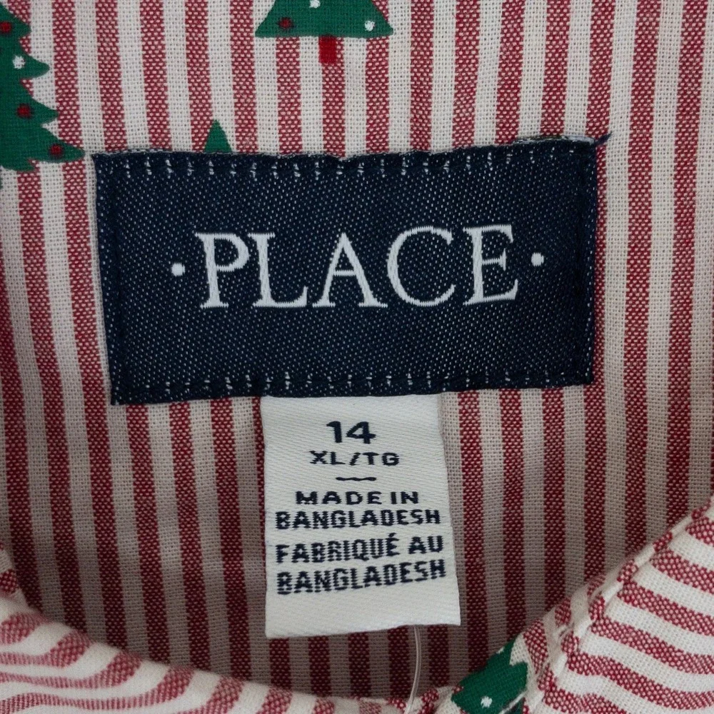 Childrens Place Button Down Shirt Kids Size 14 XL Red Striped Christmas Tree New